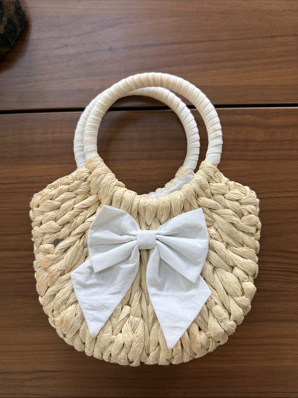 Janie and Jack Cream Woven Straw Tote with White Bow